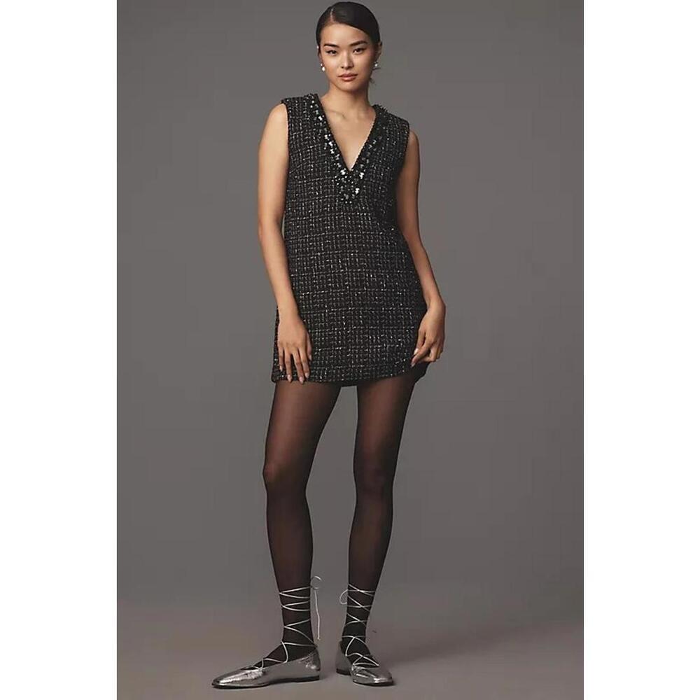 Maeve Anthropologie Sequin Embellished V-Neck Tweed Mini Dress Size XS Black - Picture 3 of 4